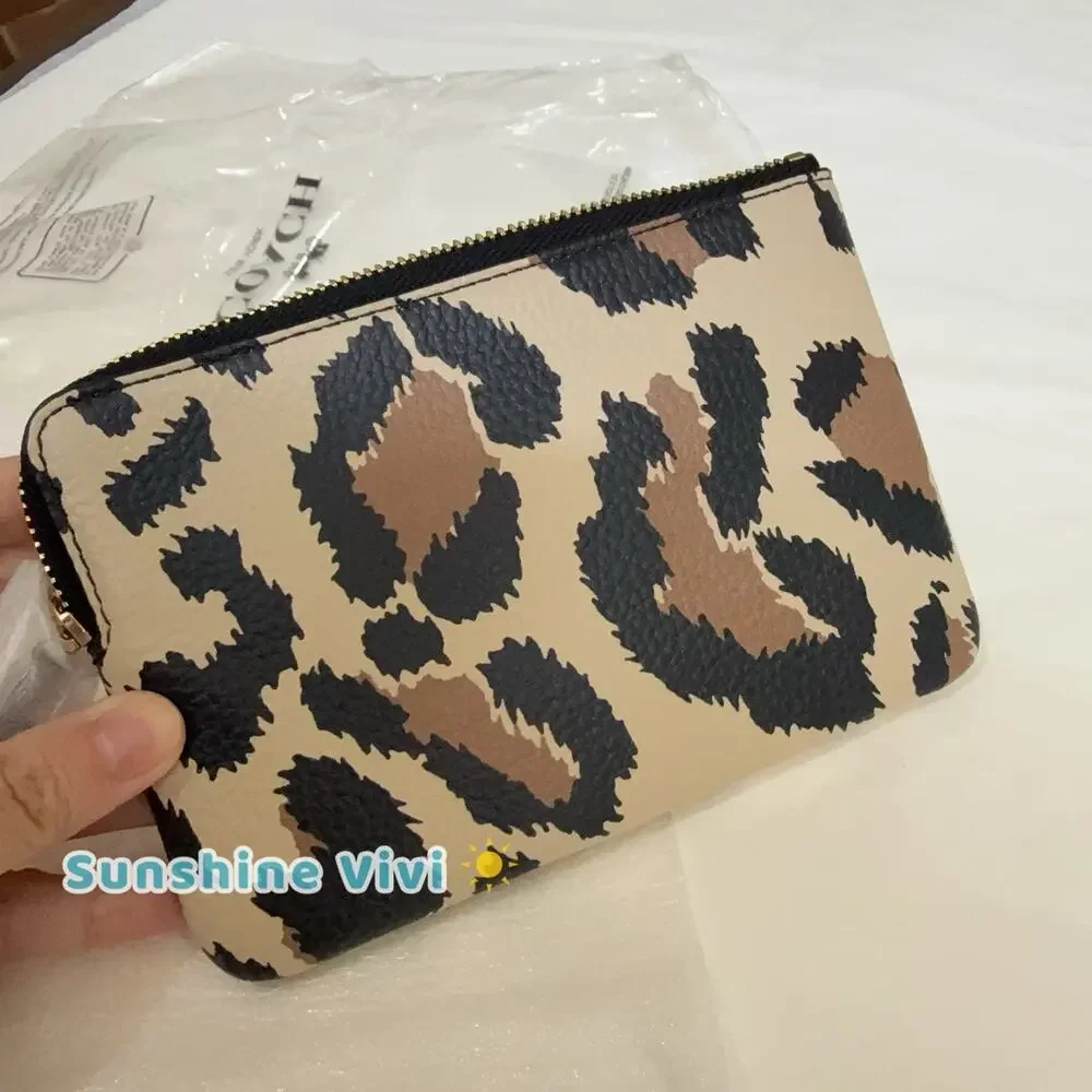 NWT Coach Corner Zip Leather Wristlet With Leopard Print GOLD CCJ74